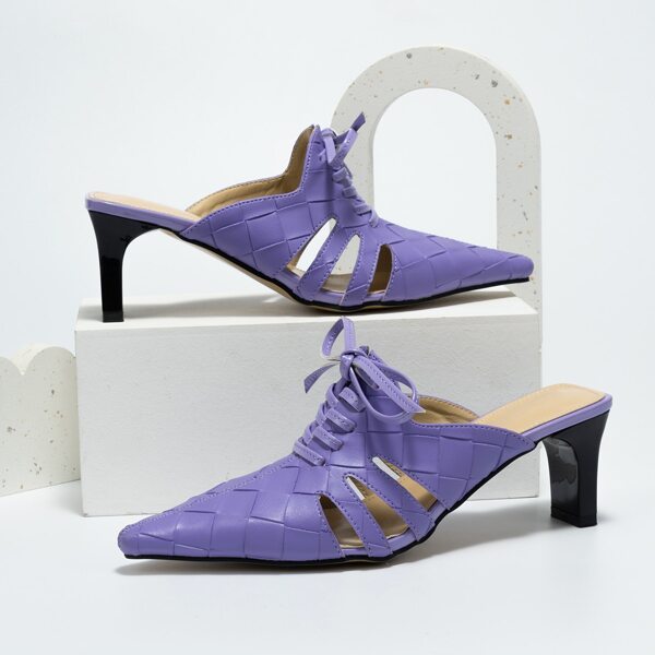 

Braided Lace-up Front Cut Out Chunky Heeled Mules, Purple