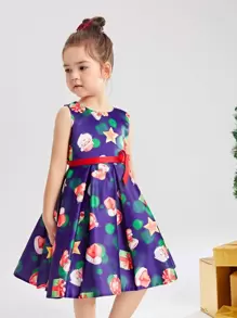 小女童聖誕圖案褶皺下擺腰帶晚禮服 - 彩色 - 查看 1