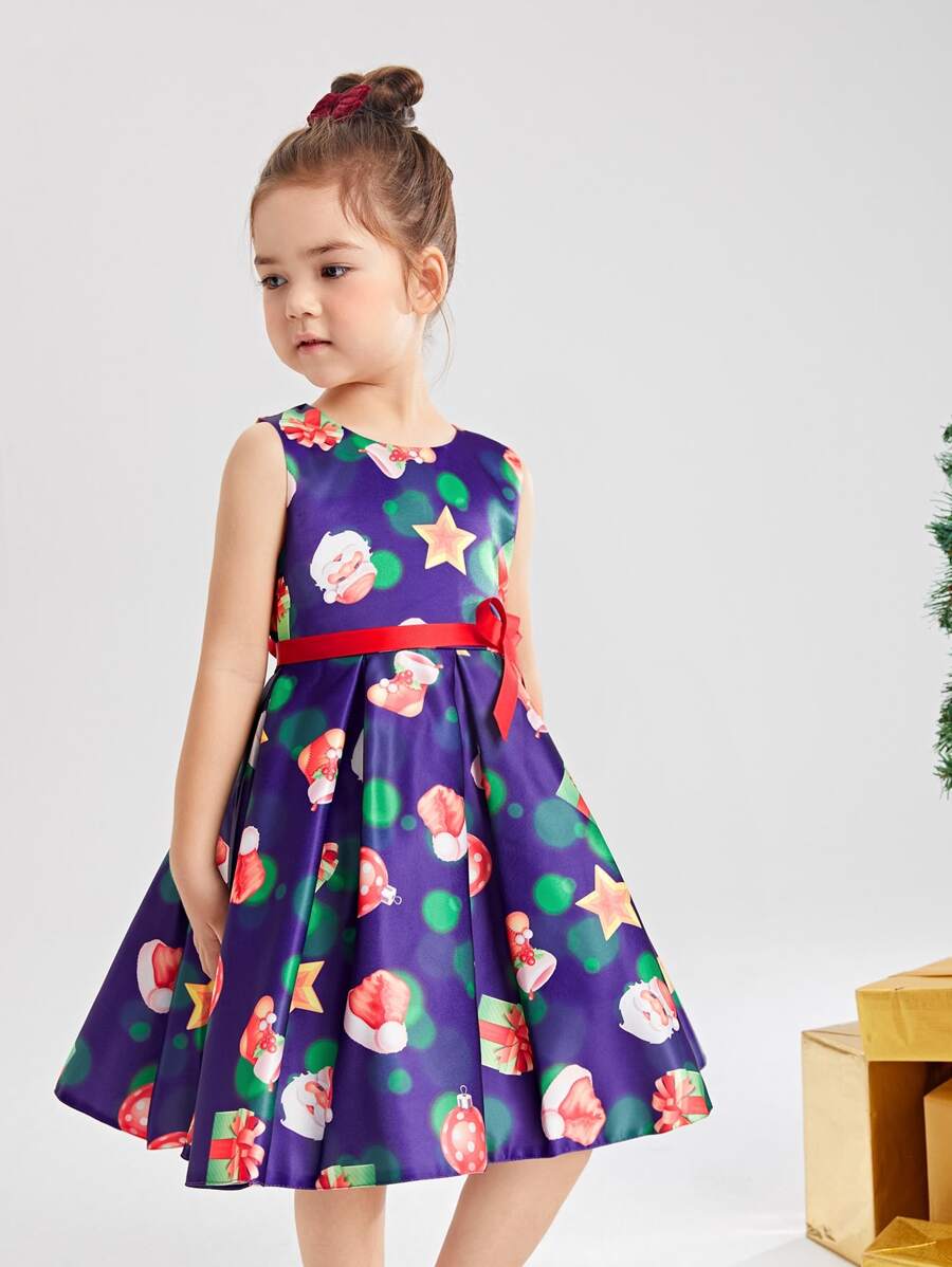 小女童聖誕圖案褶皺下擺腰帶晚禮服 - 彩色 - 查看 1