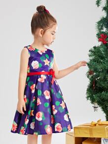 小女童聖誕圖案褶皺下擺腰帶晚禮服 - 彩色 - 查看 4