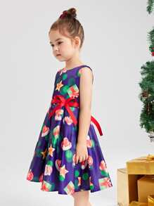 小女童聖誕圖案褶皺下擺腰帶晚禮服 - 彩色 - 查看 5