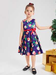 小女童聖誕圖案褶皺下擺腰帶晚禮服 - 彩色 - 查看 6