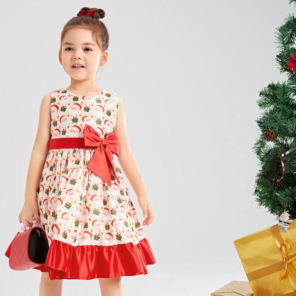 

Toddler Girls Christmas Print Bow Ruffle Hem Gown Dress, Multicolor