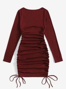 Muchica Elegant Solid Color Side Drawstring Fitted Dress, Autumn - Burgundy - View 3