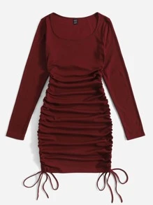 Muchica Elegant Solid Color Side Drawstring Fitted Dress, Autumn - Burgundy - View 4