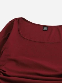 Muchica Elegant Solid Color Side Drawstring Fitted Dress, Autumn - Burgundy - View 6