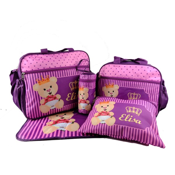 

5pcs Bear Print Diaper Bag, Purple