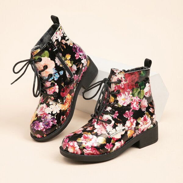 

Girls Floral Graphic Lace-up Front Side Zipper Combat Boots, Multicolor