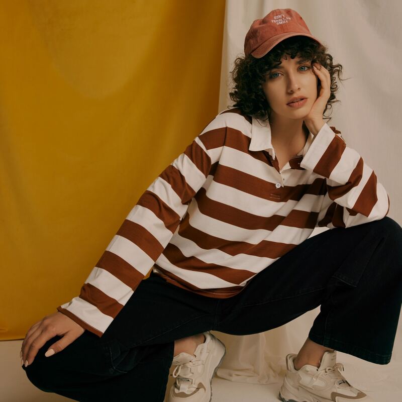 

Polo Collar Drop Shoulder Striped Print Tee, Multicolor