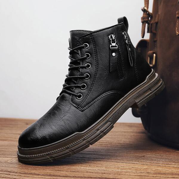 

Men Zipper Decor Lace-up Front Ankle Boots, Black