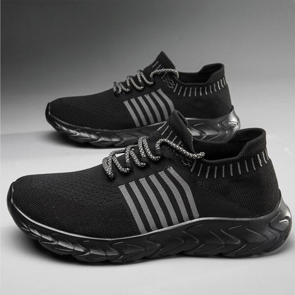 

Men Striped Pattern Breathable Running Shoes, Black