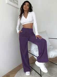 SHEIN EZwear 高腰燈芯絨寬腿褲子 - 紫色 - 查看 1
