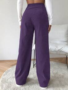 SHEIN EZwear 高腰燈芯絨寬腿褲子 - 紫色 - 查看 2