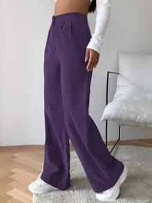 SHEIN EZwear 高腰燈芯絨寬腿褲子 - 紫色 - 查看 3