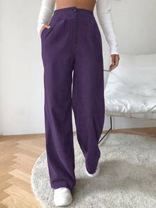 SHEIN EZwear 高腰燈芯絨寬腿褲子 - 紫色 - 查看 4