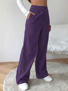 SHEIN EZwear 高腰燈芯絨寬腿褲子 - 紫色 - 查看 5
