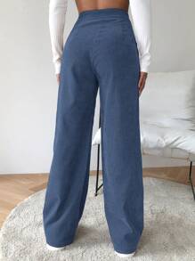 SHEIN EZwear 高腰燈芯絨闊腿褲 - 霧霾藍 - 查看 2