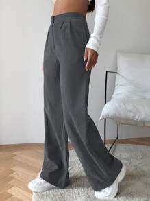 SHEIN EZwear 高腰燈芯絨寬腿褲子