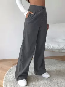 SHEIN EZwear 高腰燈芯絨寬腿褲子