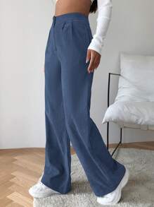 SHEIN EZwear 高腰燈芯絨闊腿褲 - 霧霾藍 - 查看 3