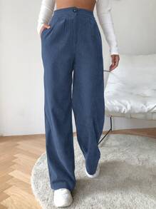 SHEIN EZwear 高腰燈芯絨闊腿褲 - 霧霾藍 - 查看 4