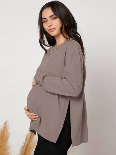 SHEIN Maternity Drop Shoulder Slit Hem, Slit Hem Tee World Cup Fall
