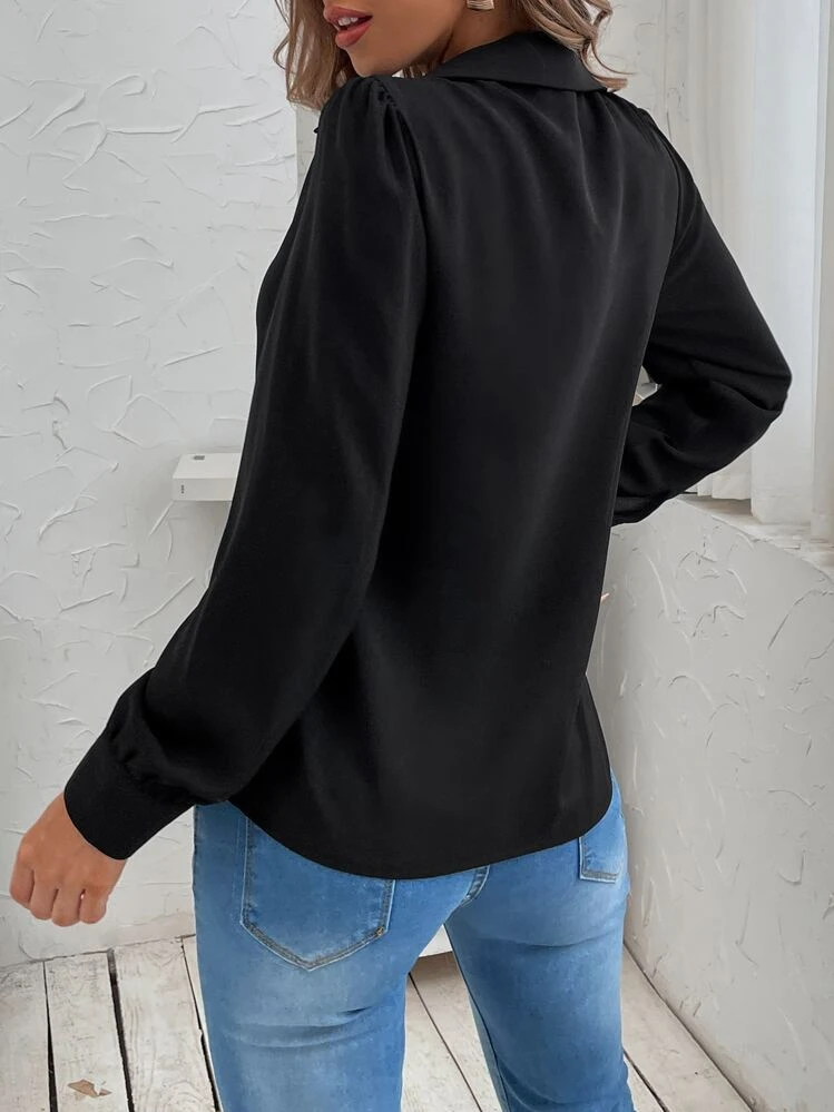 Puff Sleeve Button Up Shirt - Black - View 2