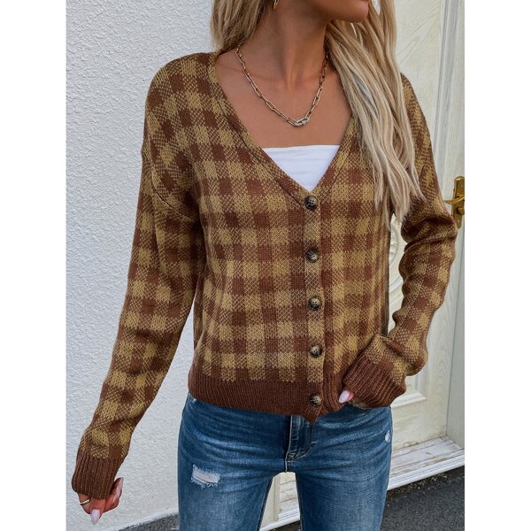 

Gingham Pattern Button Up V Neck Crop Cardigan, Multicolor