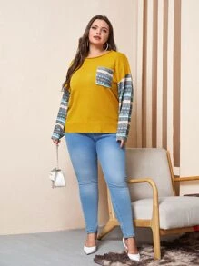 Mulvari 大碼撞色和幾何圖案落肩袖套頭毛衣 - 芥末黃 - 查看 3