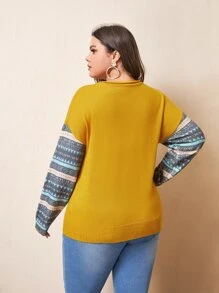 Mulvari 大碼撞色和幾何圖案落肩袖套頭毛衣 - 芥末黃 - 查看 2
