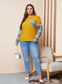 Mulvari 大碼撞色和幾何圖案落肩袖套頭毛衣 - 芥末黃 - 查看 4