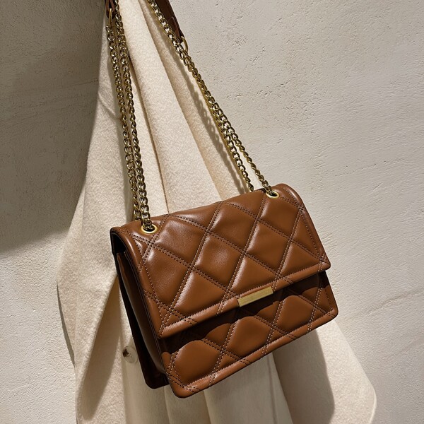 

Quilted Embossed Flap Square Bag, Brown