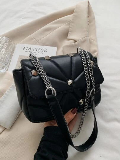 CONTAINEVERY Bolsa cuadrada con diseño claveteado con cadena con solapa