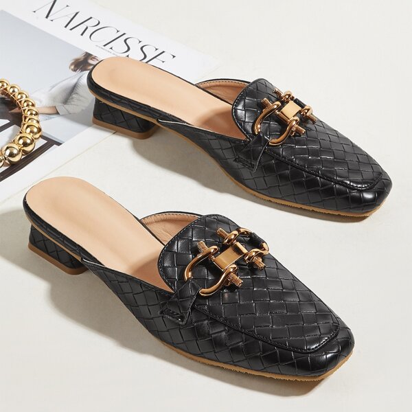 

Braided Detail Horsebit Decor Mules, Black
