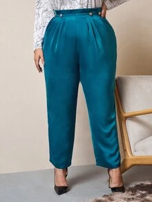 Modelyn Plus Frilled Waist Plicated Button Detail Trousers - Teal Blue - View 3