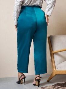 Modelyn Plus Frilled Waist Plicated Button Detail Trousers - Teal Blue - View 2