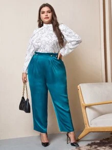 Modelyn Plus Frilled Waist Plicated Button Detail Trousers - Teal Blue - View 1