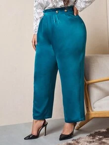 Modelyn Plus Frilled Waist Plicated Button Detail Trousers - Teal Blue - View 4