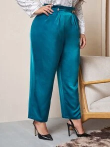 Modelyn Plus Frilled Waist Plicated Button Detail Trousers - Teal Blue - View 5