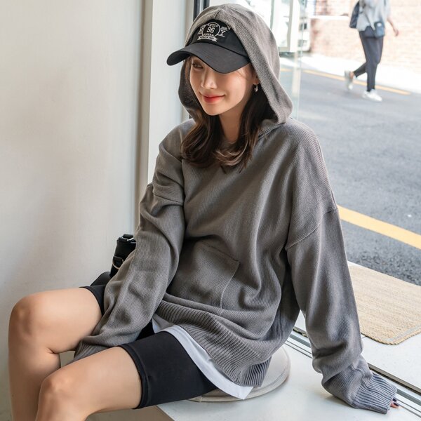 

Kangaroo Pocket Drop Shoulder Hooded Sweater Without Tee, Grey