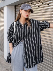 DAZY Striped Print Drop Shoulder Shirt - Black and White - View 1