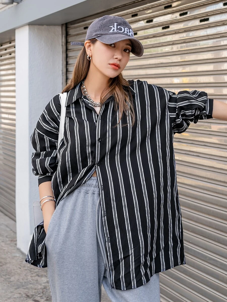DAZY Striped Print Drop Shoulder Shirt - Black and White - View 1