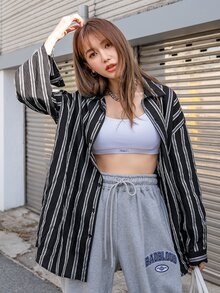 DAZY Striped Print Drop Shoulder Shirt - Black and White - View 2