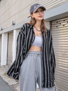 DAZY Striped Print Drop Shoulder Shirt - Black and White - View 3