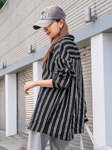 DAZY Striped Print Drop Shoulder Shirt - Black and White - View 4