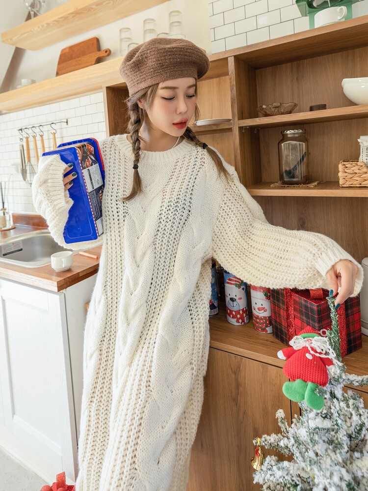 DAZY Drop Shoulder Cable Knit Sweater Dress,Fall Women Clothes - Beige - View 9