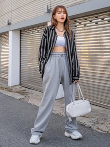 DAZY Striped Print Drop Shoulder Shirt - Black and White - View 5