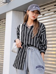 DAZY Striped Print Drop Shoulder Shirt - Black and White - View 6