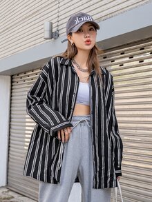 DAZY Striped Print Drop Shoulder Shirt - Black and White - View 7
