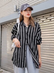 DAZY Striped Print Drop Shoulder Shirt - Black and White - View 8